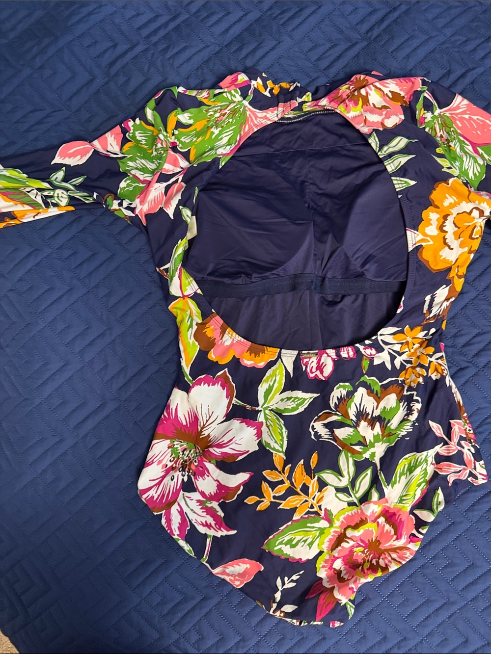 Navy Floral Long Sleeve One-Piece Swimsuit - Picture 2 of 3
